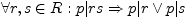 $\displaystyle \forall r,s\in R:p\vert rs \Rightarrow p\vert r \vee p\vert s$