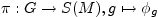 $ \pi: G\rightarrow S(M),
g\mapsto \phi_{g}$